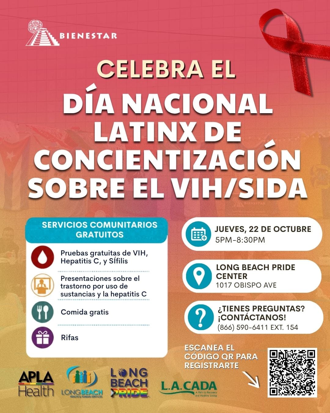 Volante: Celebra el Día Nacional Latinx de Concientización sobre el VIH/SIDA, jueves 22 de octubre, 5–8:30 PM en el Long Beach Pride Center