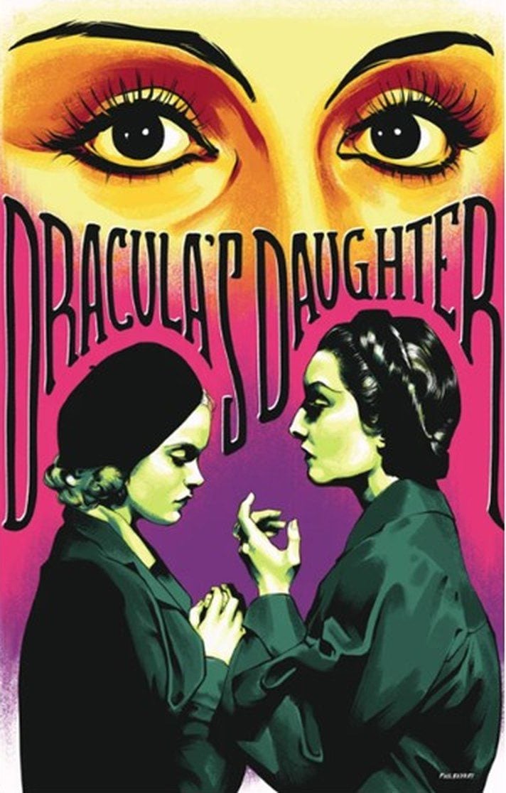 Dracula’s Daughter (1936) poster art: two women face each other beneath large staring eyes