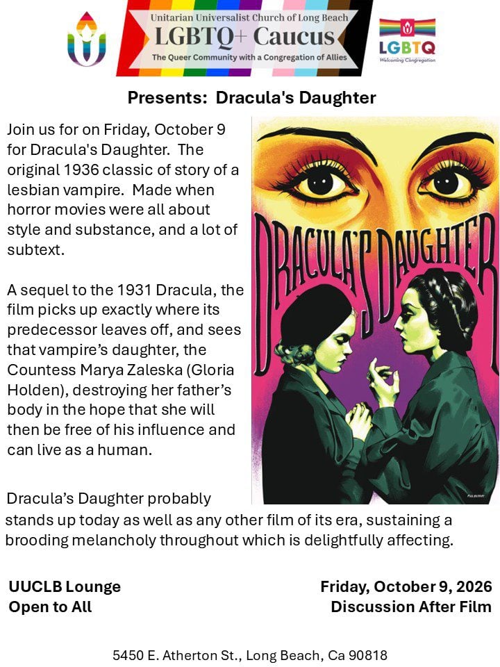 Dracula’s Daughter screening flyer – UUCLB LGBTQ+ Caucus, Friday Oct 9, 2026