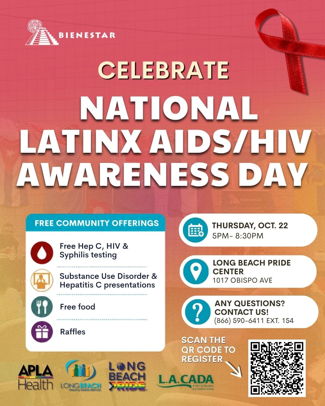 Flyer: Celebrate National Latinx AIDS/HIV Awareness Day, Thursday Oct 22, 5–8:30 PM at the Long Beach Pride Center