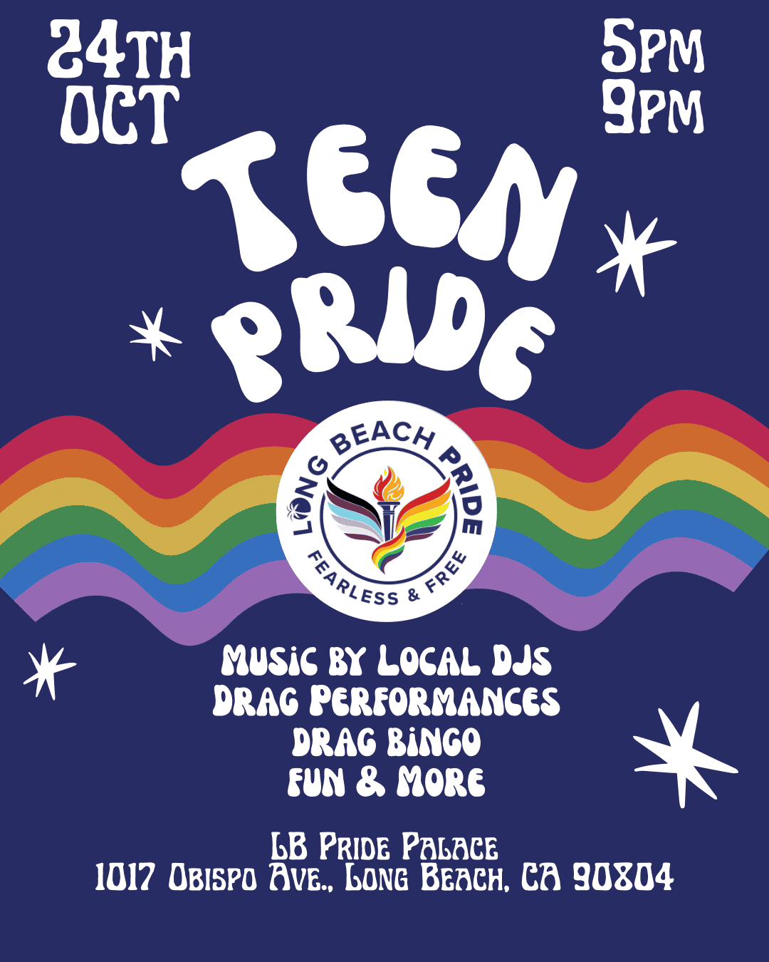 Teen Pride flyer – October 24, 5–9 PM, LB Pride Palace: local DJs, drag performances and drag bingo